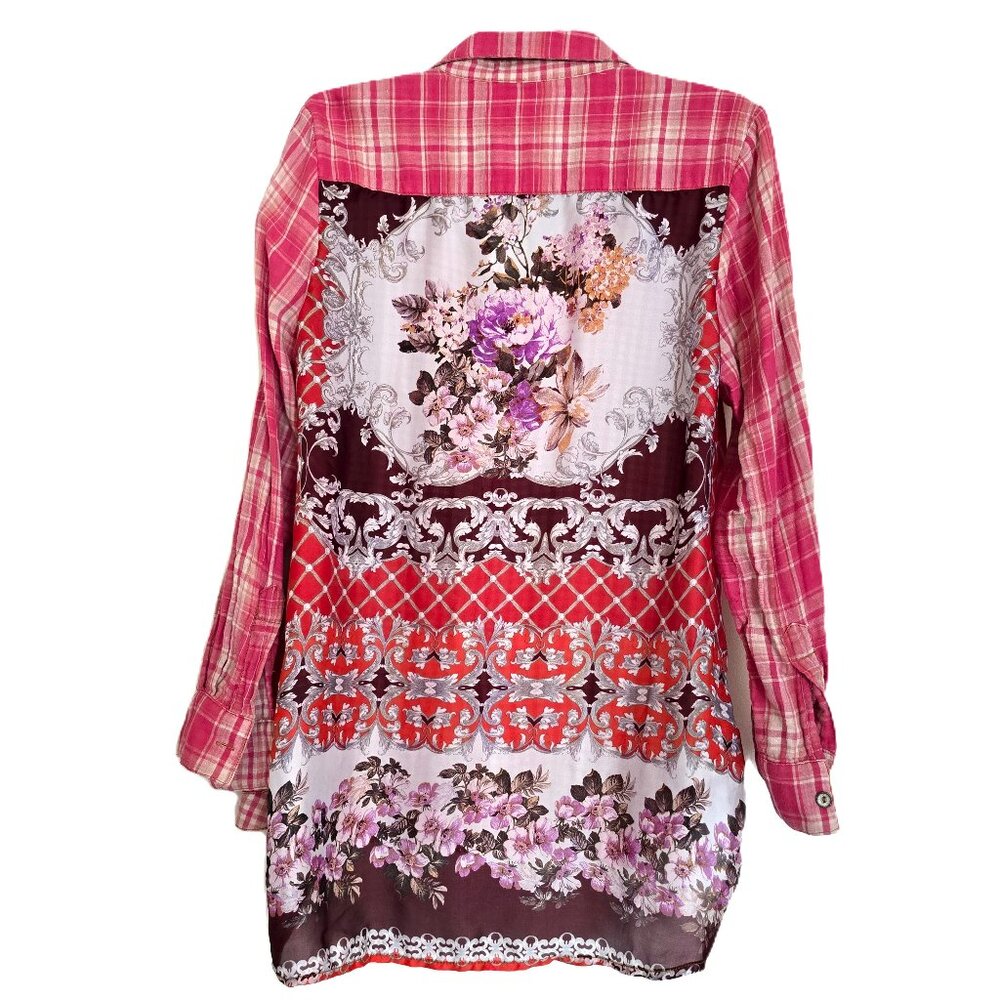 Cyrena Mixed Media Plaid & Floral Button-Down Tunic, Size Large